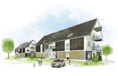 Große Photovoltaik-Anlagen auf den Dächern und an den Fassaden und Infrarotheizungen stehen im Mittelpunkt des Energiekonzeptes der energieautarken, enttechnisierten Mehrfamilienhäuser in Lübben. (Illustration: Autarkie-Team)