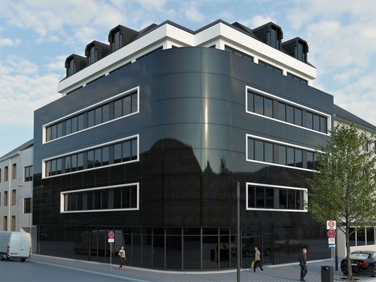 Das Radiologische Zentrum in Marburg bekommt eine schicke und energieerzeugende Fassade (Bildquelle: Entwurf und Visualisierung: © a.p.l. - architekten, Hagen Plaehn)