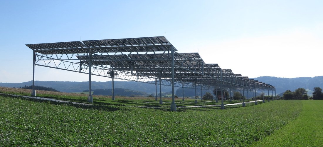 Hier sehen Sie die Solarmodule über der Ackerfläche in Herdwangen-Schönach (Foto: © Fraunhofer ISE)